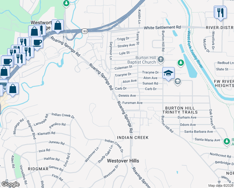 map of restaurants, bars, coffee shops, grocery stores, and more near 5860 Dennis Avenue in Fort Worth