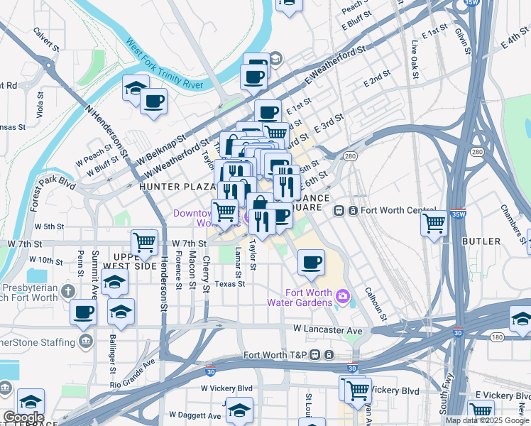 map of restaurants, bars, coffee shops, grocery stores, and more near in Fort Worth
