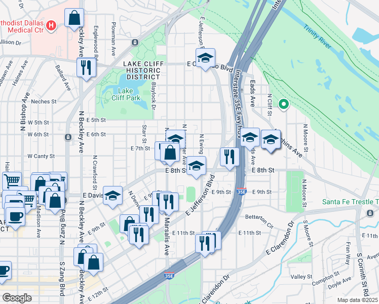 map of restaurants, bars, coffee shops, grocery stores, and more near 336 North Lancaster Avenue in Dallas