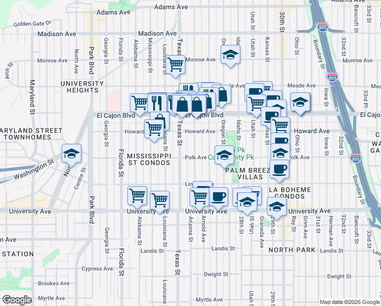 map of restaurants, bars, coffee shops, grocery stores, and more near 4114 1/2 Arizona Street in San Diego