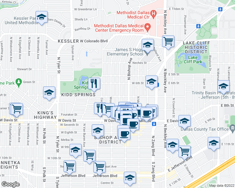 map of restaurants, bars, coffee shops, grocery stores, and more near 805 Haines Avenue in Dallas