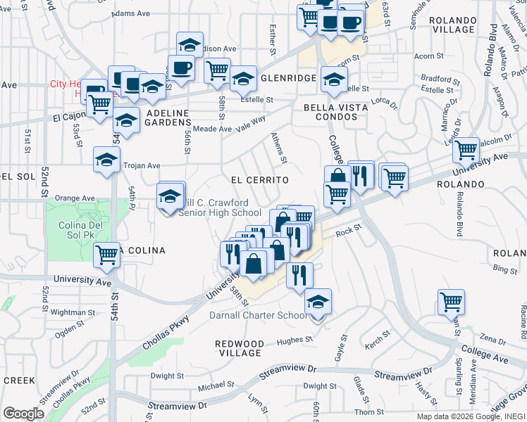 map of restaurants, bars, coffee shops, grocery stores, and more near 4220 West Overlook Drive in San Diego