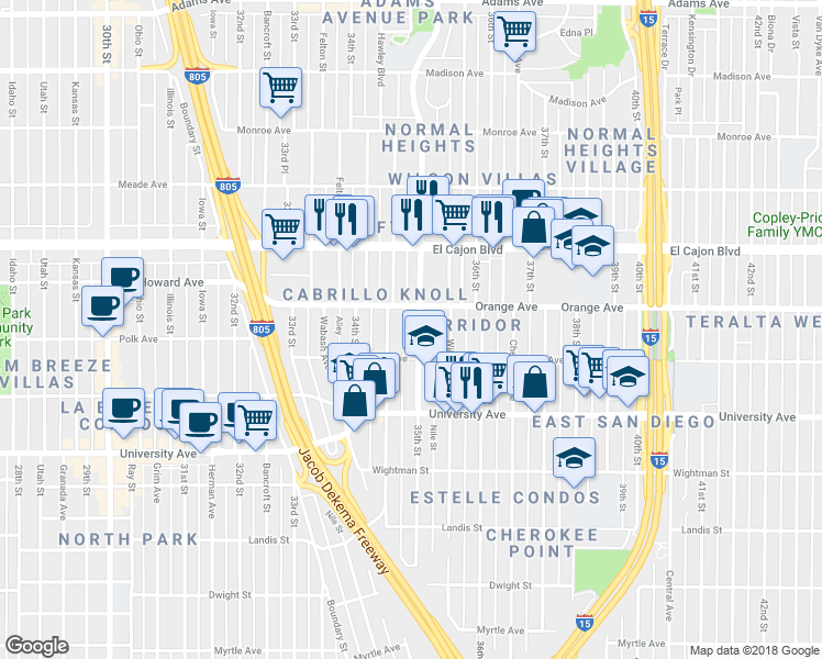 map of restaurants, bars, coffee shops, grocery stores, and more near 4152 35th Street in San Diego