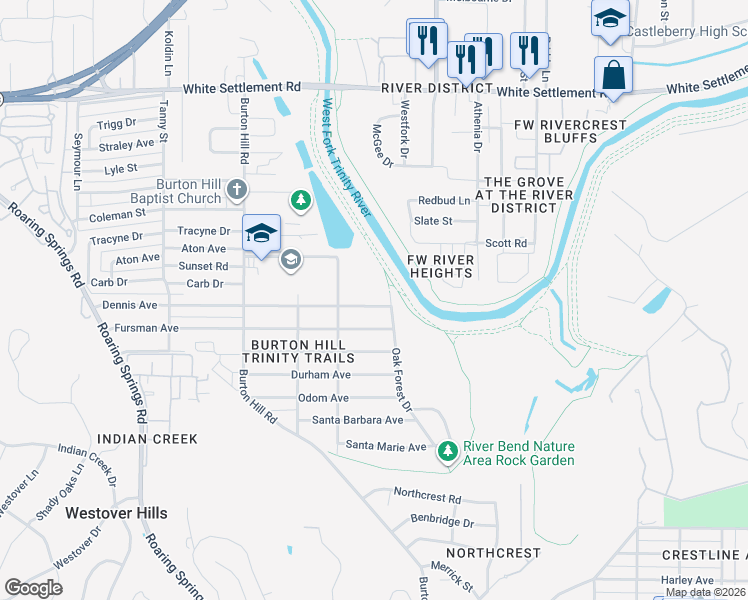 map of restaurants, bars, coffee shops, grocery stores, and more near 5408 Dennis Avenue in Fort Worth