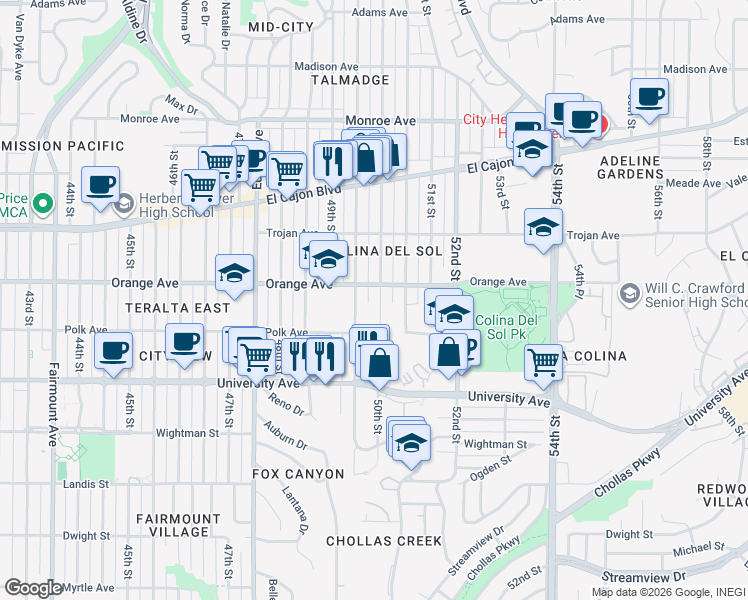 map of restaurants, bars, coffee shops, grocery stores, and more near 4168 50th Street in San Diego