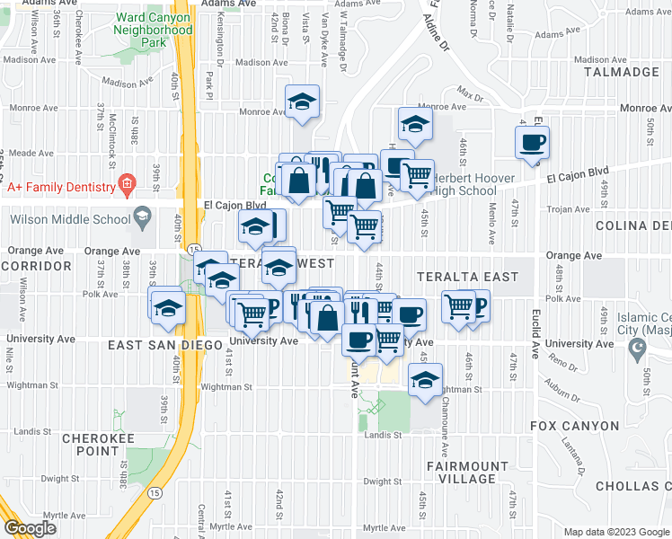 map of restaurants, bars, coffee shops, grocery stores, and more near 4159 43rd Street in San Diego