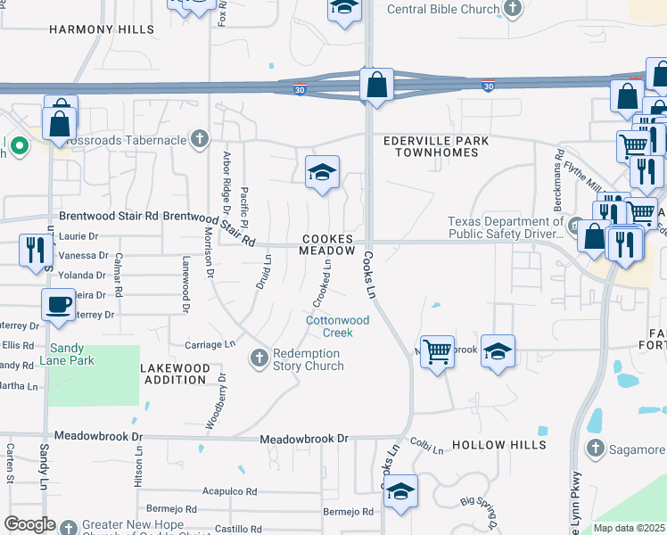 map of restaurants, bars, coffee shops, grocery stores, and more near 1813 Crooked Lane in Fort Worth