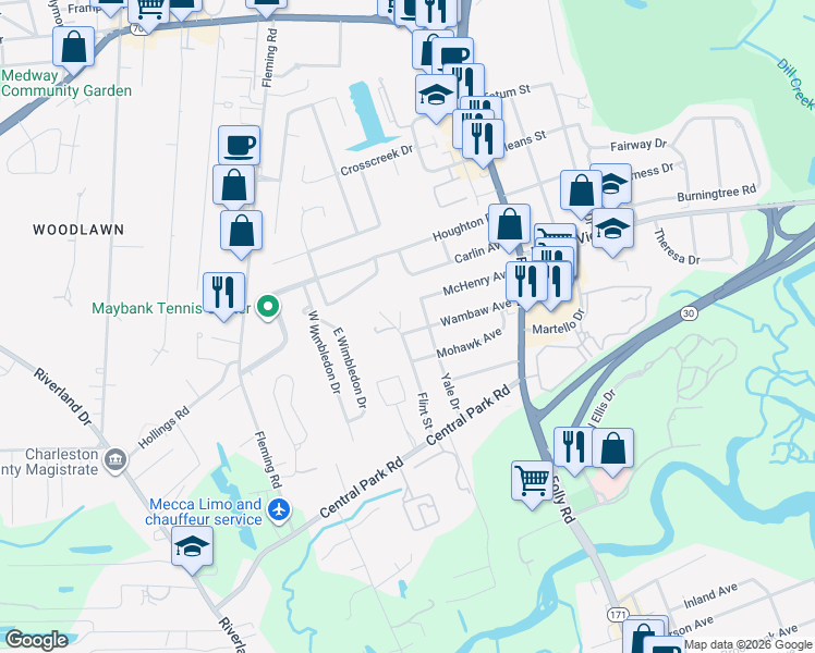 map of restaurants, bars, coffee shops, grocery stores, and more near 1772 Wambaw Avenue in Charleston