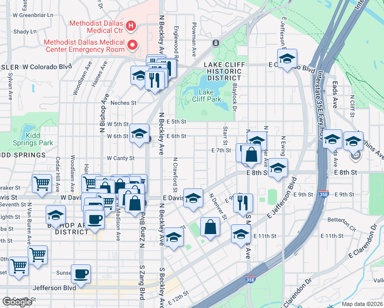 map of restaurants, bars, coffee shops, grocery stores, and more near 431 North Patton Avenue in Dallas