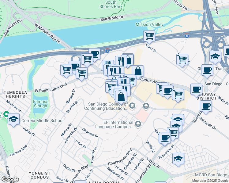 map of restaurants, bars, coffee shops, grocery stores, and more near 3695 Midway Drive in San Diego