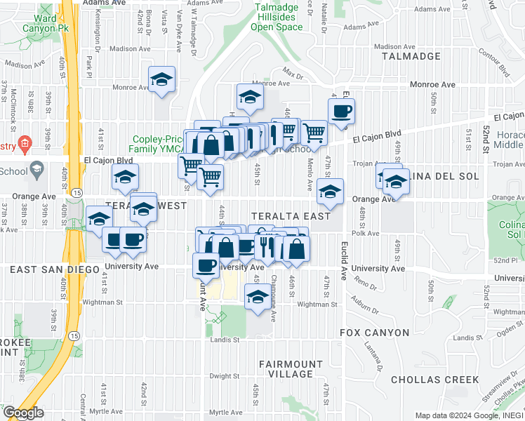 map of restaurants, bars, coffee shops, grocery stores, and more near 4163 45th St in San Diego