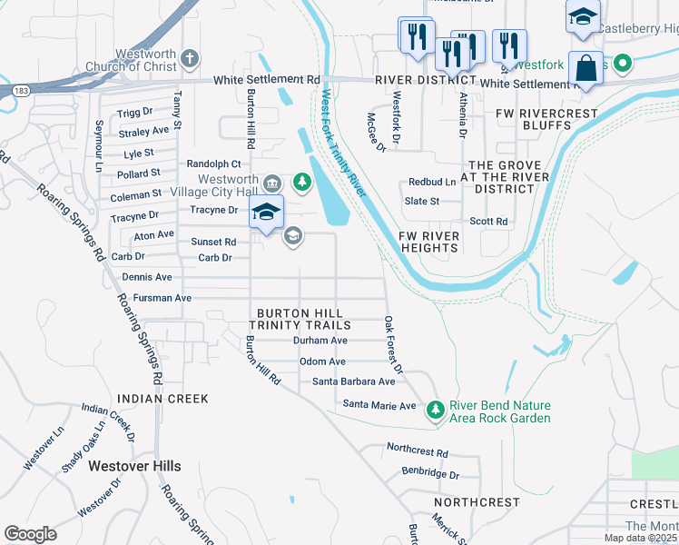 map of restaurants, bars, coffee shops, grocery stores, and more near 5436 Dennis Avenue in Fort Worth