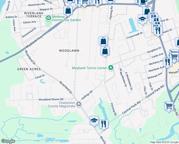 map of restaurants, bars, coffee shops, grocery stores, and more near 381 Stefan Drive in Charleston