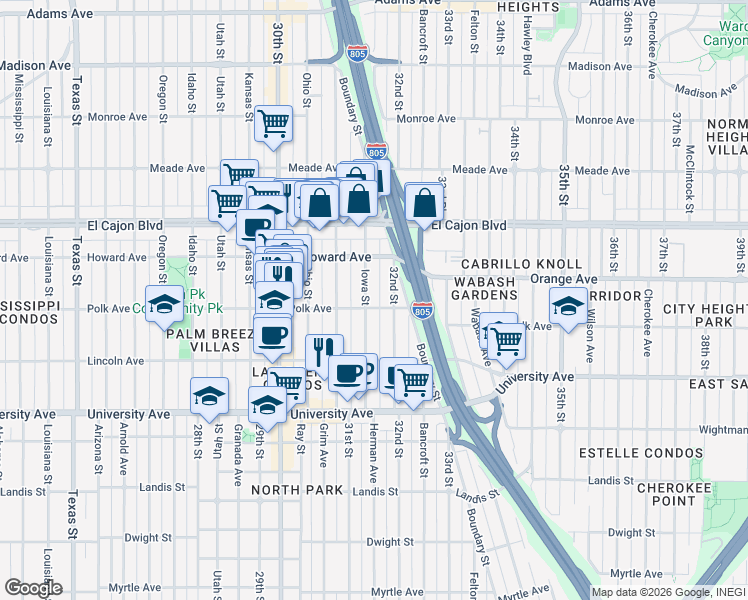 map of restaurants, bars, coffee shops, grocery stores, and more near 4124 32nd Street in San Diego