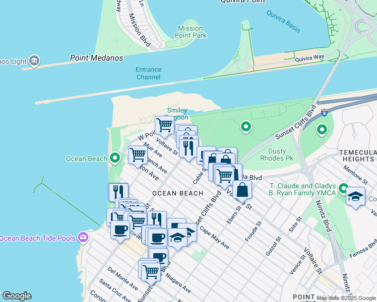 map of restaurants, bars, coffee shops, grocery stores, and more near 2229 Bacon Street in San Diego