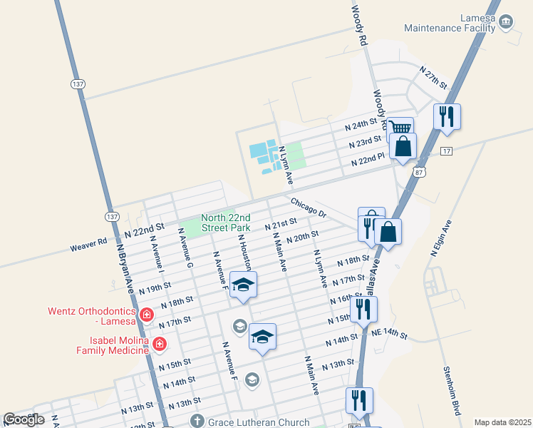 map of restaurants, bars, coffee shops, grocery stores, and more near 401 North 21st Place in Lamesa
