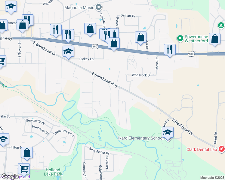 map of restaurants, bars, coffee shops, grocery stores, and more near 813 Andi Way in Weatherford