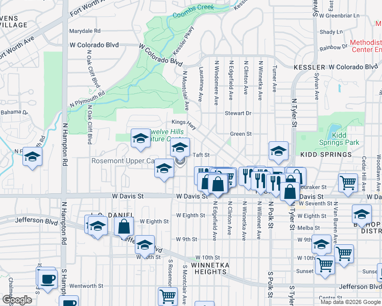 map of restaurants, bars, coffee shops, grocery stores, and more near 802 North Montclair Avenue in Dallas