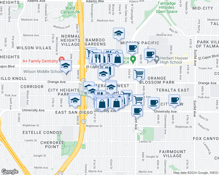 map of restaurants, bars, coffee shops, grocery stores, and more near 4177 Marlborough Avenue in San Diego