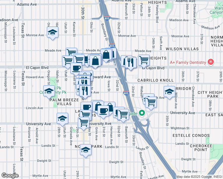 map of restaurants, bars, coffee shops, grocery stores, and more near in San Diego