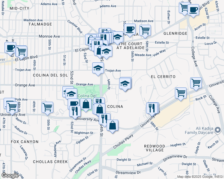 map of restaurants, bars, coffee shops, grocery stores, and more near 5447 Mandarin Cove in San Diego