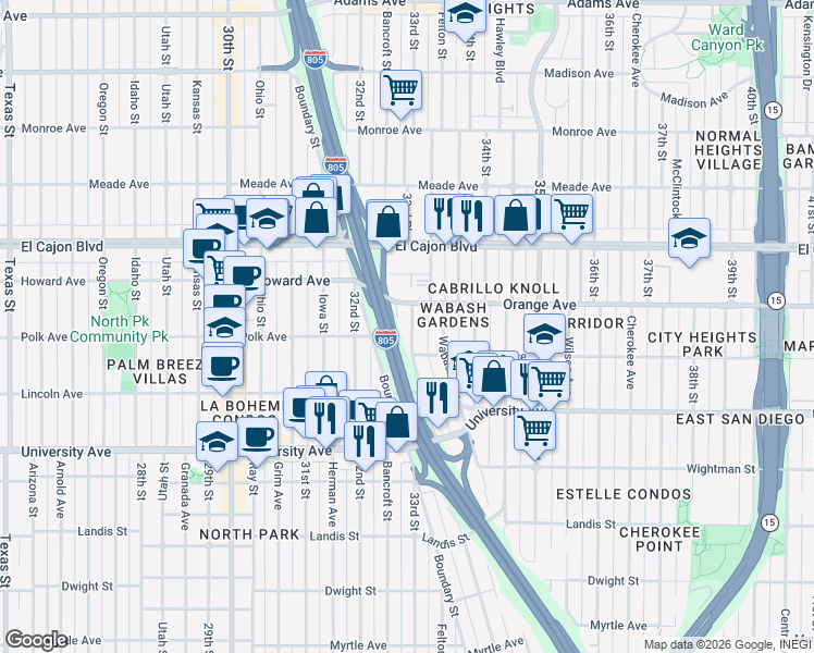 map of restaurants, bars, coffee shops, grocery stores, and more near 4150 33rd Street in San Diego
