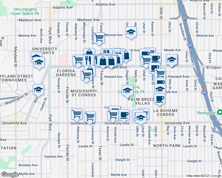 map of restaurants, bars, coffee shops, grocery stores, and more near 4111 Arizona Street in San Diego