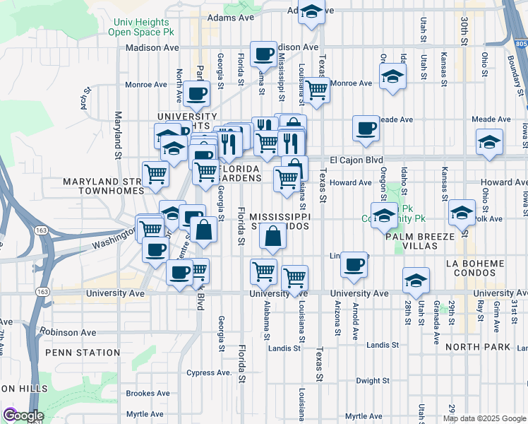 map of restaurants, bars, coffee shops, grocery stores, and more near 4115 Alabama Street in San Diego