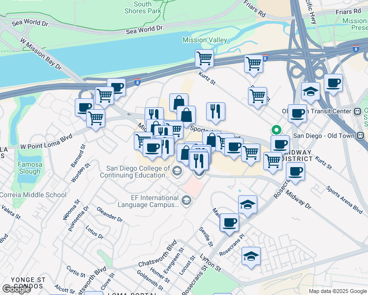 map of restaurants, bars, coffee shops, grocery stores, and more near 3305 Kemper Street in San Diego