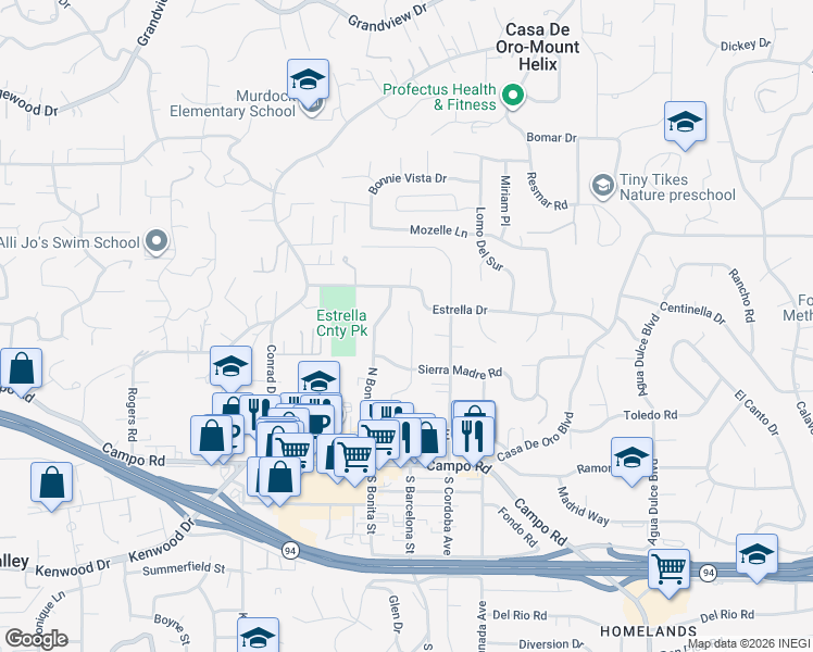 map of restaurants, bars, coffee shops, grocery stores, and more near 4148 Cortez Way in Spring Valley