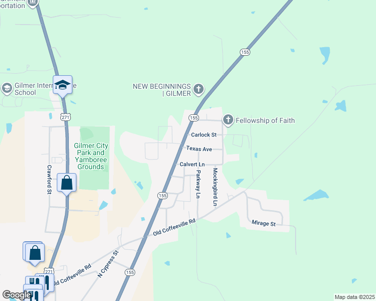 map of restaurants, bars, coffee shops, grocery stores, and more near 106 Texas Ave in Gilmer