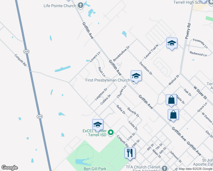 map of restaurants, bars, coffee shops, grocery stores, and more near 213 Leighton Dr in Terrell