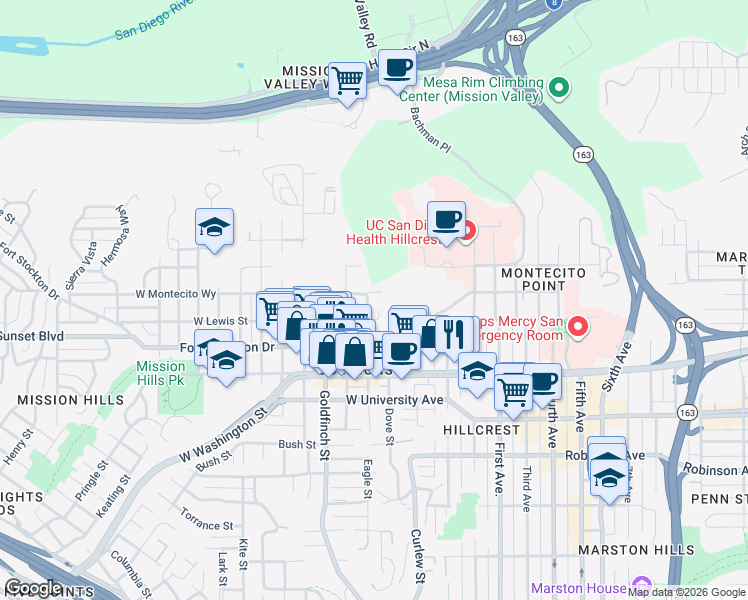 map of restaurants, bars, coffee shops, grocery stores, and more near 4135 Eagle Street in San Diego