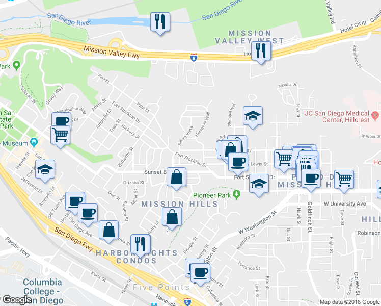map of restaurants, bars, coffee shops, grocery stores, and more near 1853 West Montecito Way in San Diego