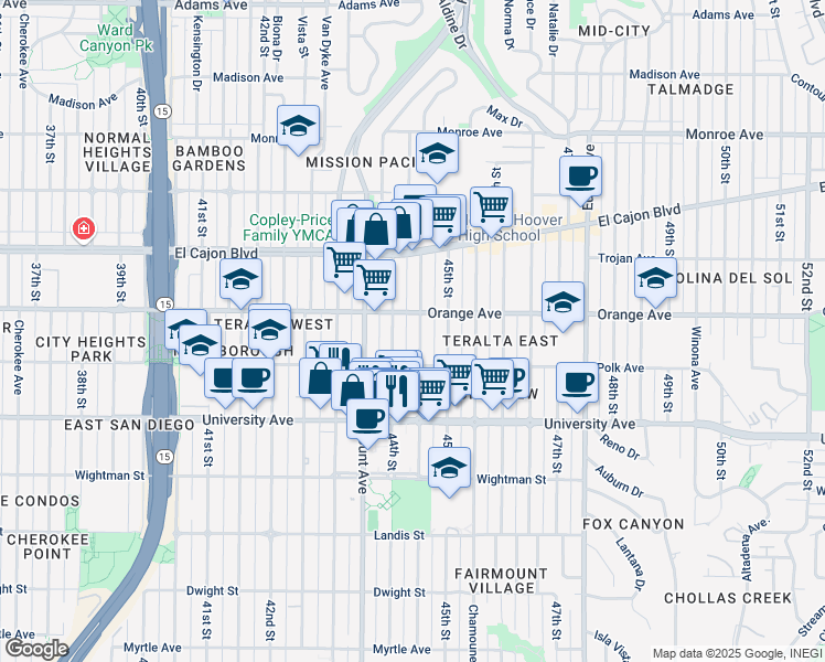 map of restaurants, bars, coffee shops, grocery stores, and more near 4168 Highland Avenue in San Diego