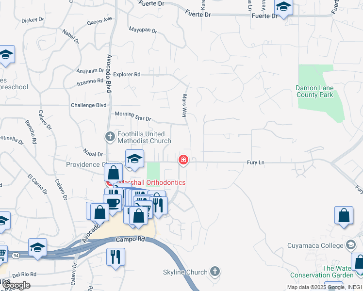 map of restaurants, bars, coffee shops, grocery stores, and more near 4044 Mars Way in La Mesa