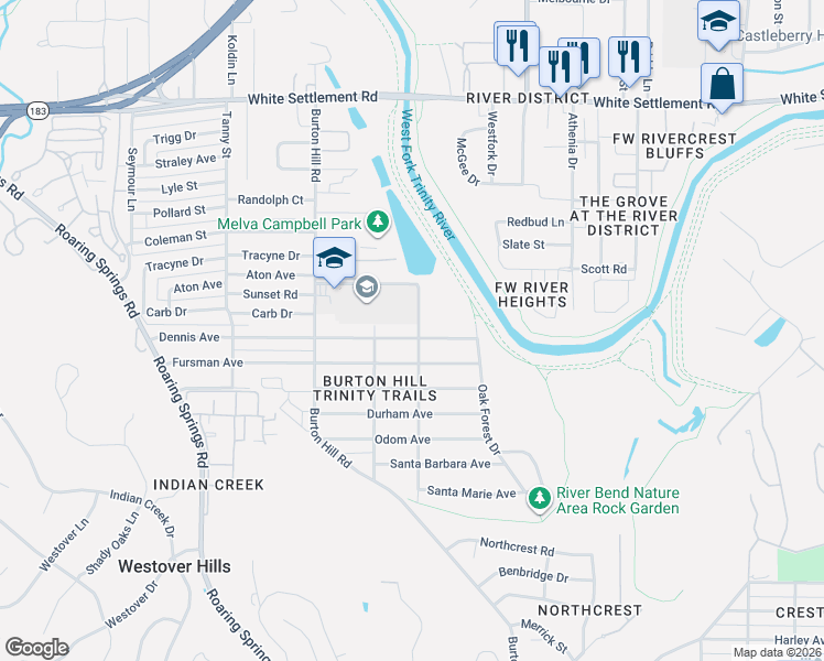 map of restaurants, bars, coffee shops, grocery stores, and more near 5436 Dennis Avenue in Fort Worth