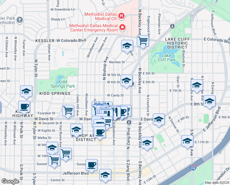 map of restaurants, bars, coffee shops, grocery stores, and more near 806 North Madison Avenue in Dallas