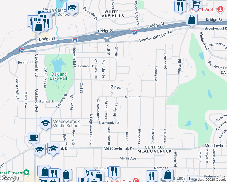 map of restaurants, bars, coffee shops, grocery stores, and more near 1721 Holt Street in Fort Worth