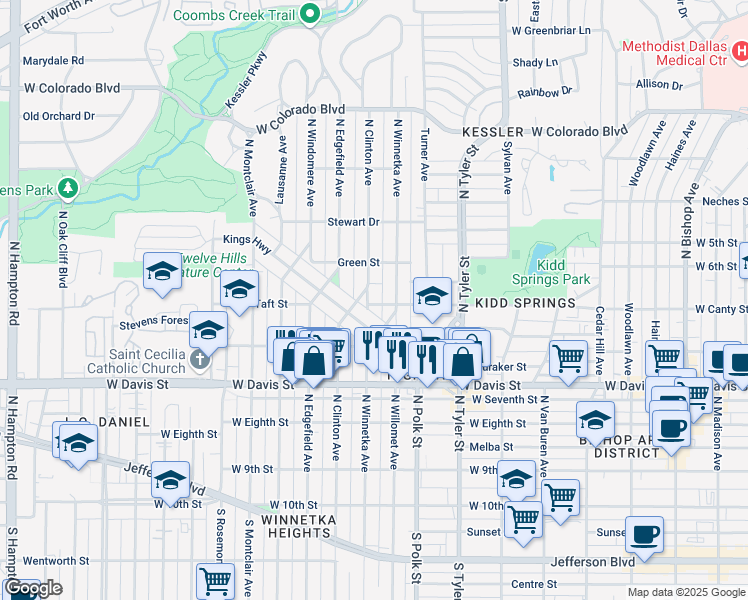 map of restaurants, bars, coffee shops, grocery stores, and more near 814 North Clinton Avenue in Dallas