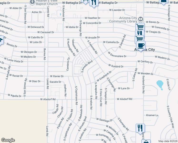 map of restaurants, bars, coffee shops, grocery stores, and more near 14015 South Avalon Road in Arizona City