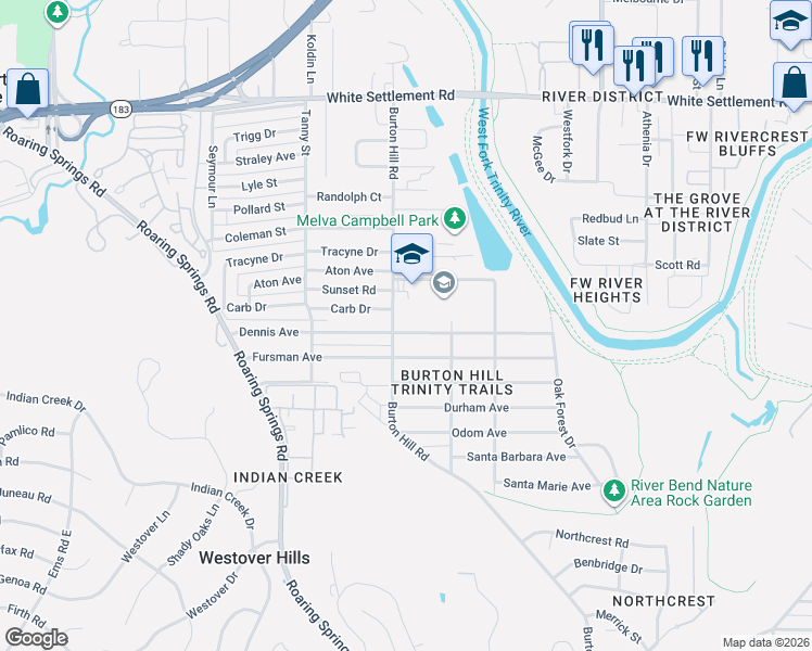 map of restaurants, bars, coffee shops, grocery stores, and more near 5620 Dennis Avenue in Fort Worth