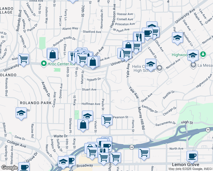 map of restaurants, bars, coffee shops, grocery stores, and more near 4144 Massachusetts Avenue in La Mesa