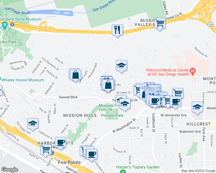 map of restaurants, bars, coffee shops, grocery stores, and more near 1617 West Montecito Way in San Diego