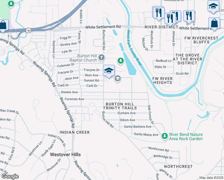 map of restaurants, bars, coffee shops, grocery stores, and more near 5620 Dennis Avenue in Fort Worth