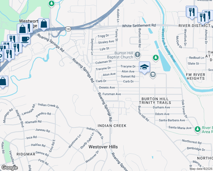 map of restaurants, bars, coffee shops, grocery stores, and more near 5832 Dennis Avenue in Fort Worth