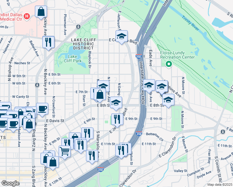map of restaurants, bars, coffee shops, grocery stores, and more near 722 East 7th Street in Dallas