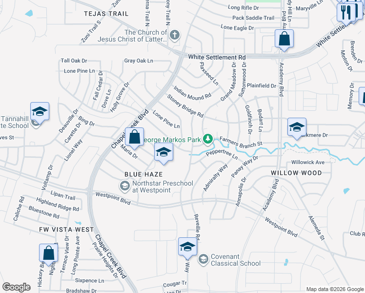 map of restaurants, bars, coffee shops, grocery stores, and more near 10162 Little Valley Road in Fort Worth