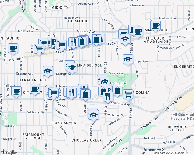 map of restaurants, bars, coffee shops, grocery stores, and more near 4172-74 51st Street in San Diego