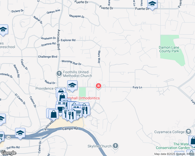 map of restaurants, bars, coffee shops, grocery stores, and more near 4040 Mars Way in La Mesa
